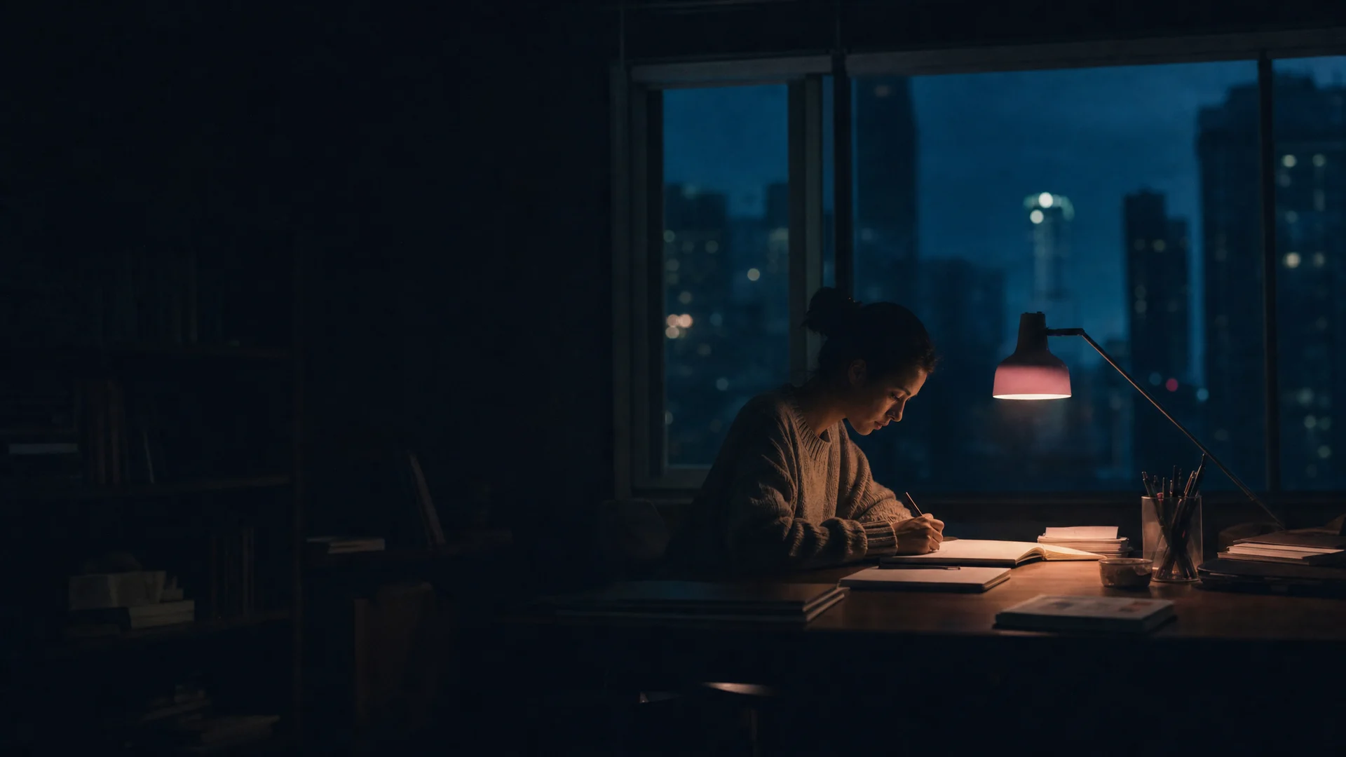A single desk lamp over a notebook, a cool graded city evening in the window